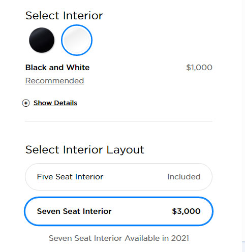 Tesla Model Y - 7 Seat Cofiguration and White Interior cost screenshot of the Tesla online configurator.