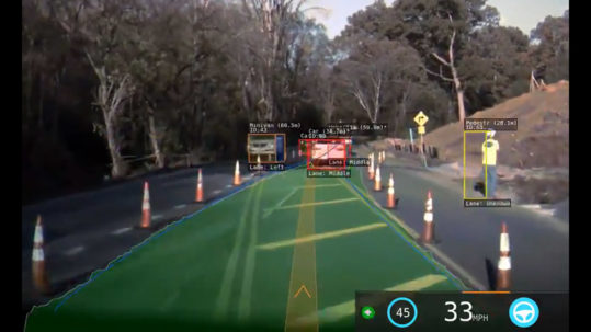 Tesla Autopilot vision in a construction zone with traffic cones on both sides.