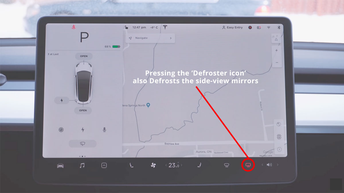 Pressing the 'Defroster' icon on the Model 3 center touchscreen also defrosts the side-view mirrors.