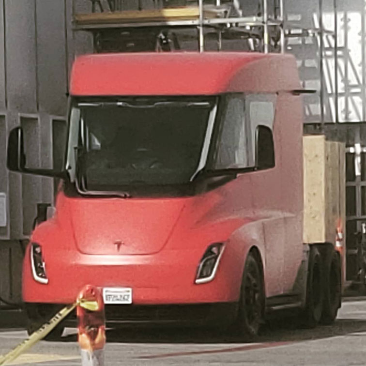 Red Tesla Semi Truck prototype at the Fremont factory, front view.