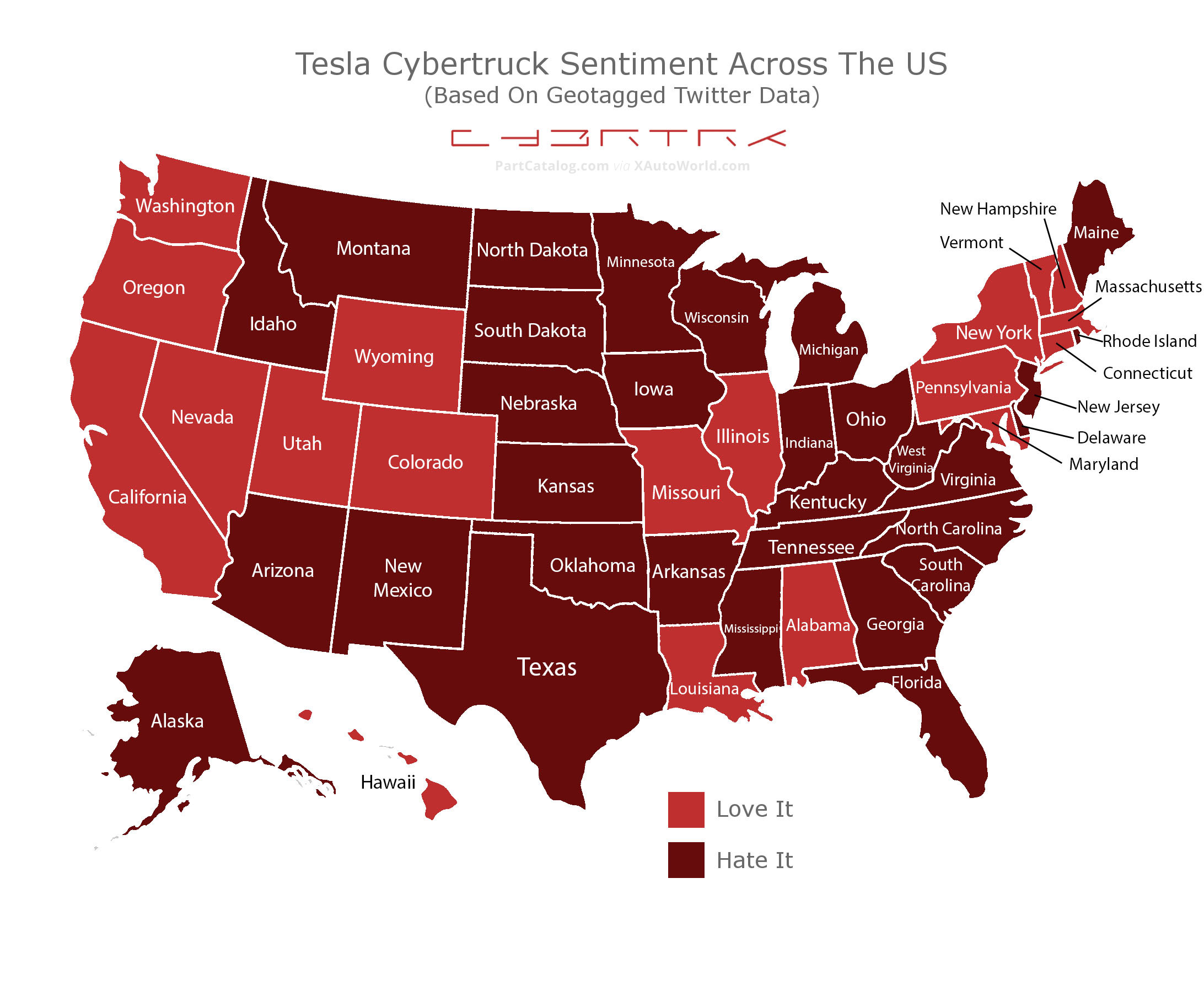 Tesla Cybertruck sentiment across the United States, love it = red, hate it = black.