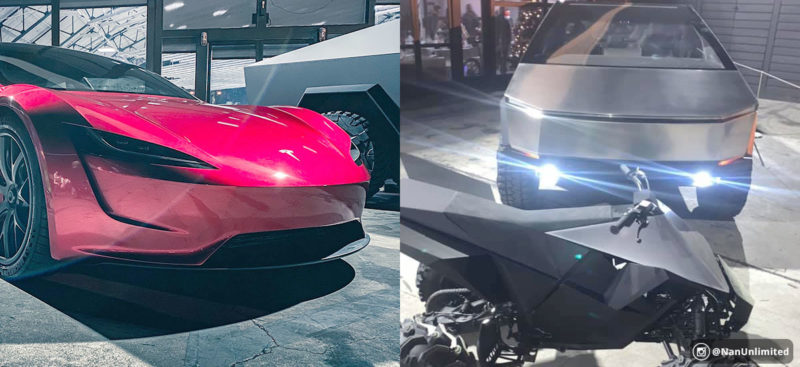 Next-gen Tesla Roadster and the Cybertruck at the 2019 Tesla Christmas party.