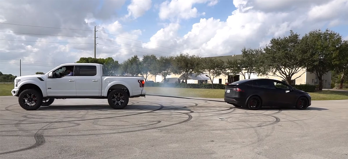 F-150 owner challenges the Model X P100D for a tug-of-war challenge and loses, says will buy the Cybertruck.