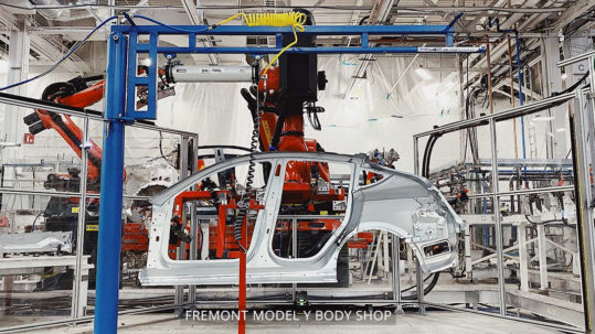 Model Y compact electric SUV body shop at the Tesla Fremont car factory. Production started in Jan 2020, deliveries expected Mar 2020 as per Q4' 2019 Earnings Call.