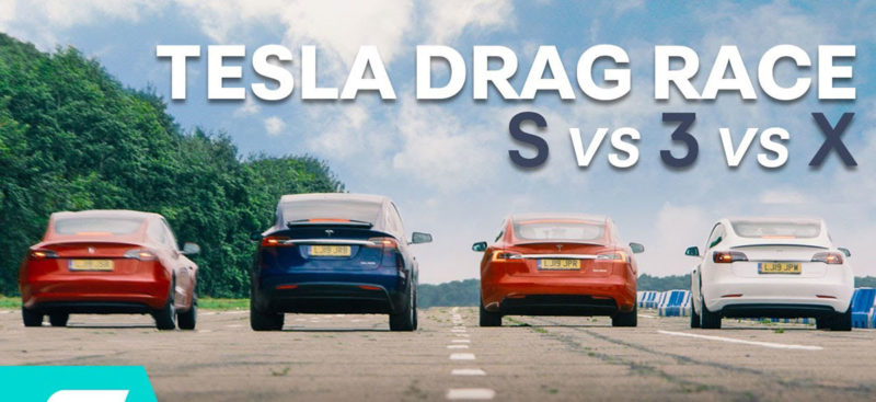 Tesla Model 3 Performance vs. Model S P100D vs. Model X vs. Model 3 Standard Range Plus drag race.