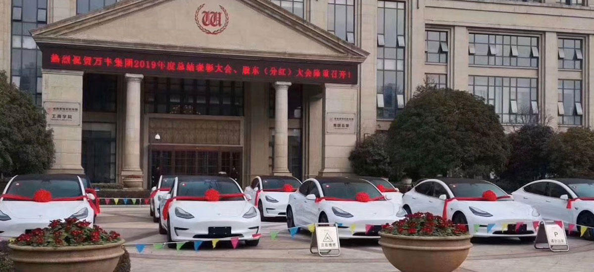 Tesla Model 3 cars as 'employee of the year' awarded by some companies in China.