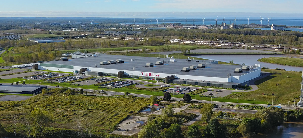 Aerial view of the Tesla Gigafactory 2 in Buffalo, NY.