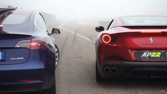 Tesla Model 3 Performance vs. Ferrari Portofino drag race.