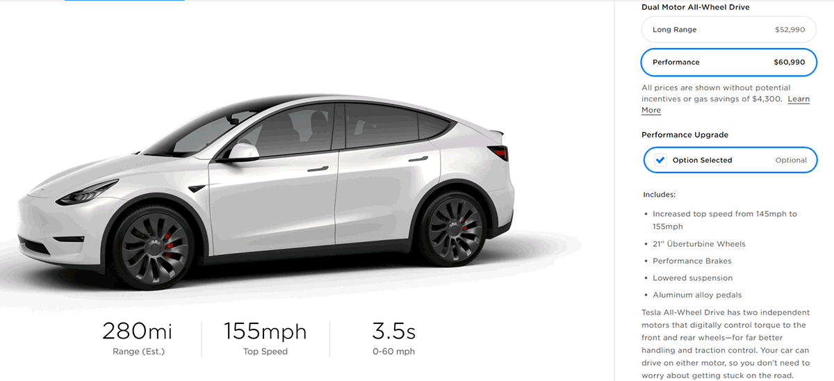 Animated GIF: Tesla Model Y Performance - range and other metrics with and without the 'Performance Upgrade' package.