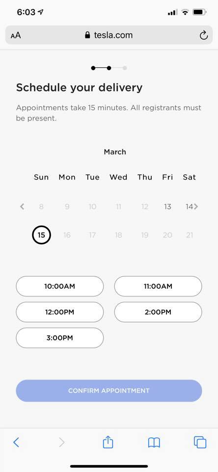 Tesla Model Y delivery appointment schedule in the Tesla Account.