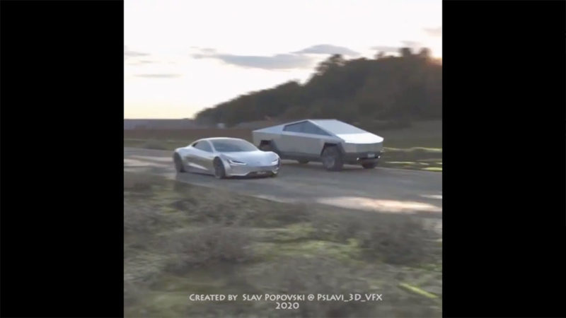 Tesla Cybertruck vs. Next-gen Roadster drag race imagined in a 3D rendering video.