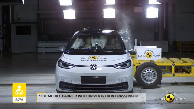VW ID.3 being tested for the side impact crash test by Euro NCAP.